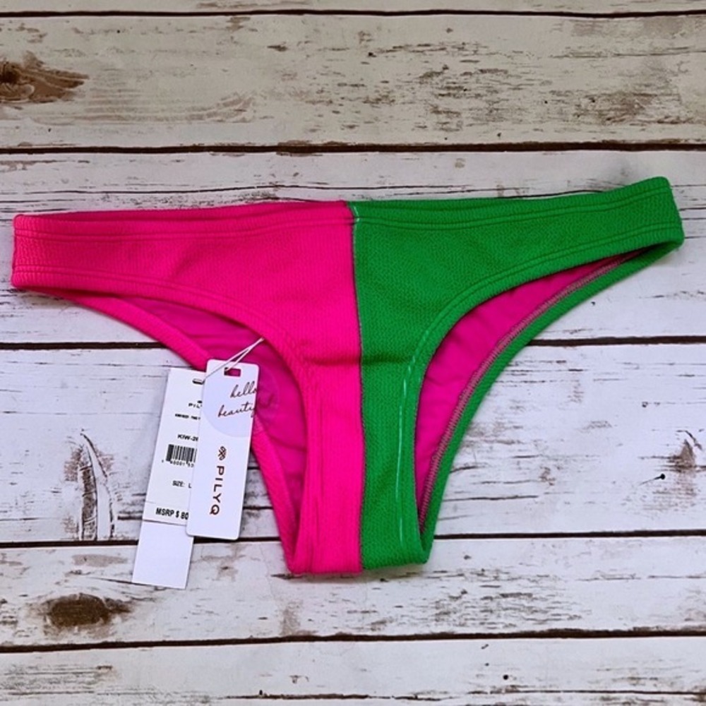 NWT PilyQ Bikini Bottoms Pink Green Colorblock Smocked Crinkle Large